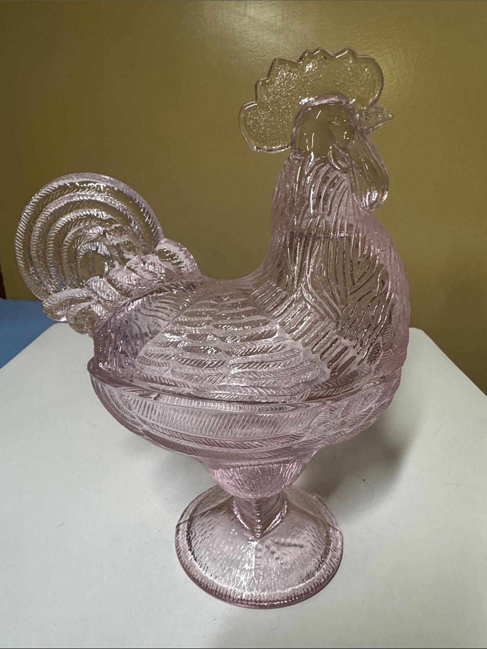 LE Smith Pink Glass Rooster Standing Candy Dish Bowl Vintage 8.75” tall